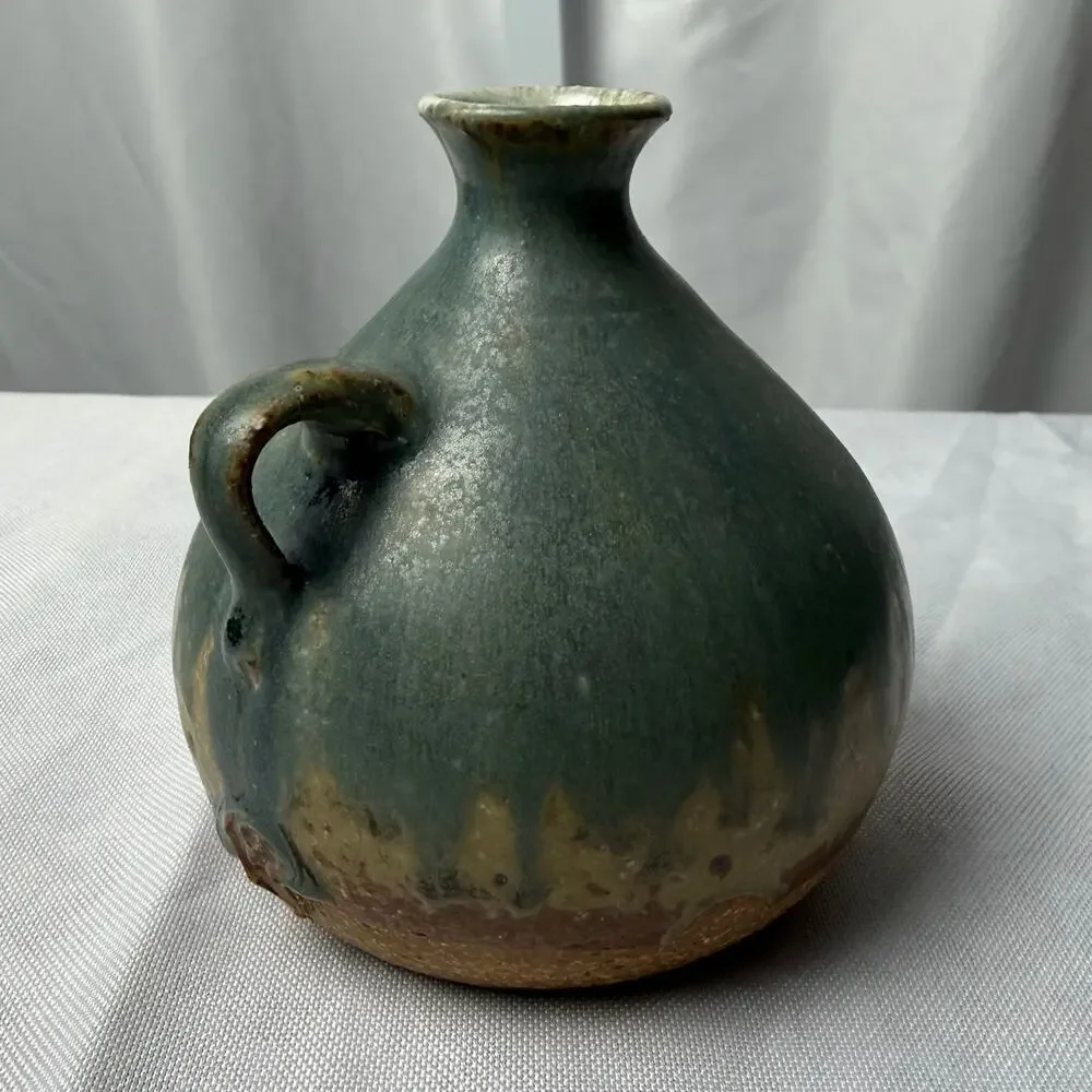 VTG Mingei Style Studio Pottery Stoneware Jug Bud Vase Drip Glaze Blue Green - Picture 10 of 10